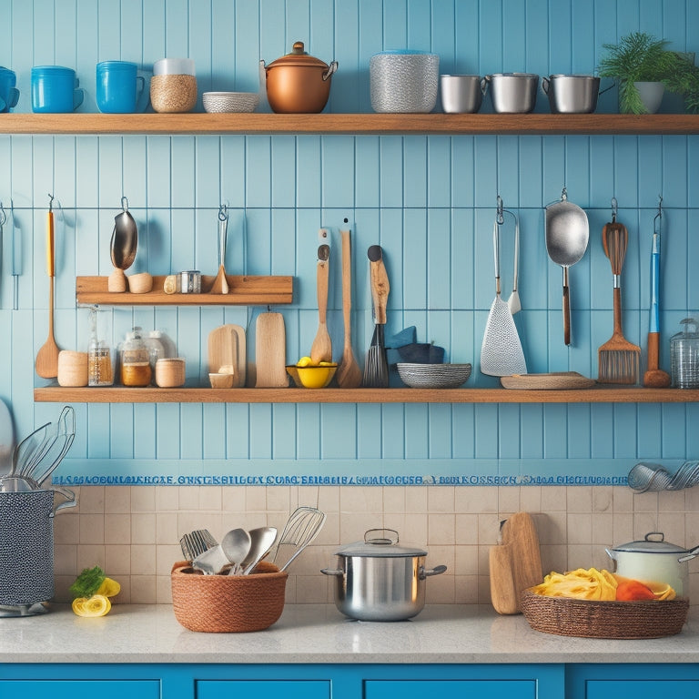 A tidy kitchen counter with a few strategically placed utensil organizers, a small utensil holder with a few neatly arranged whisks and spatulas, and a wall-mounted pegboard with hooks holding various kitchen tools.