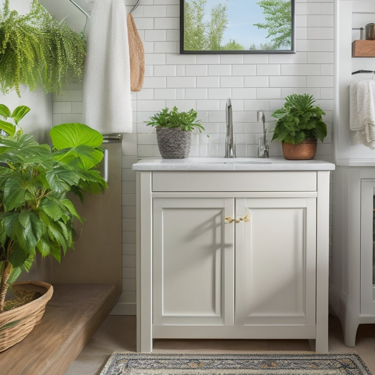 A tidy under-sink area with a slide-out drawer, soft-close cabinet, and a pedestal sink surrounded by gleaming white countertops, with a few decorative plants and a small trash can in the corner.