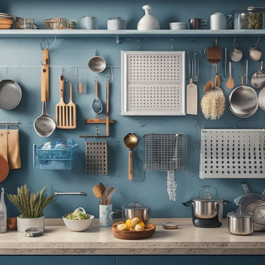 A tidy kitchen with a utensil organizer on the countertop, a pegboard on the wall, and a drawer divider, showcasing a variety of neatly arranged kitchen utensils, gadgets, and tools.