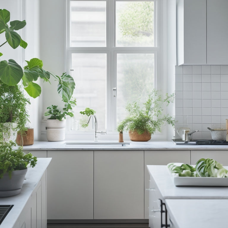 A serene kitchen with a minimalist aesthetic: white countertops, a few sleek appliances, and a single, thriving green plant on a clutter-free windowsill, flooded with warm, natural light.