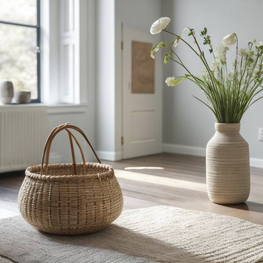 A serene, minimalist interior scene featuring a tidy living room with a few, carefully-placed spring-inspired elements: a vase with fresh flowers, a woven basket, and a few scattered petals on a polished wood floor.