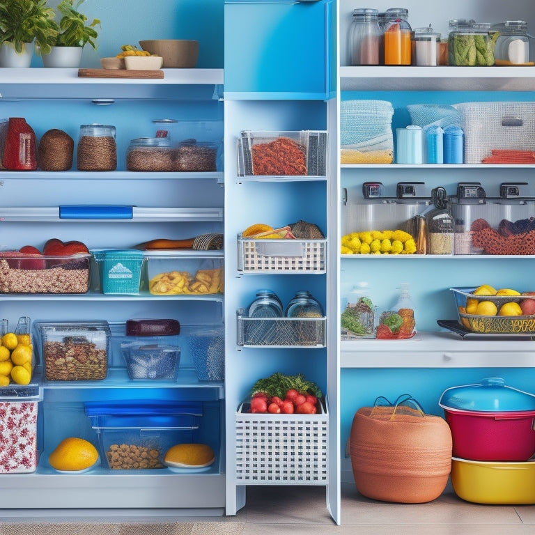 A colorful, clutter-free fridge interior with baskets, bins, and containers of various shapes and sizes, showcasing organized food, drinks, and cooking essentials in a visually appealing arrangement.