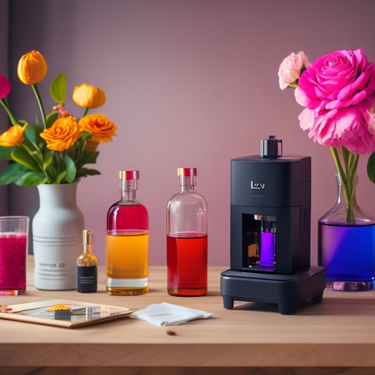 A sleek, modern desk setup with a LEVO Lux infusion machine as the centerpiece, surrounded by artistic equipment, vibrant flowers, and a few infused bottles with colorful liquids.