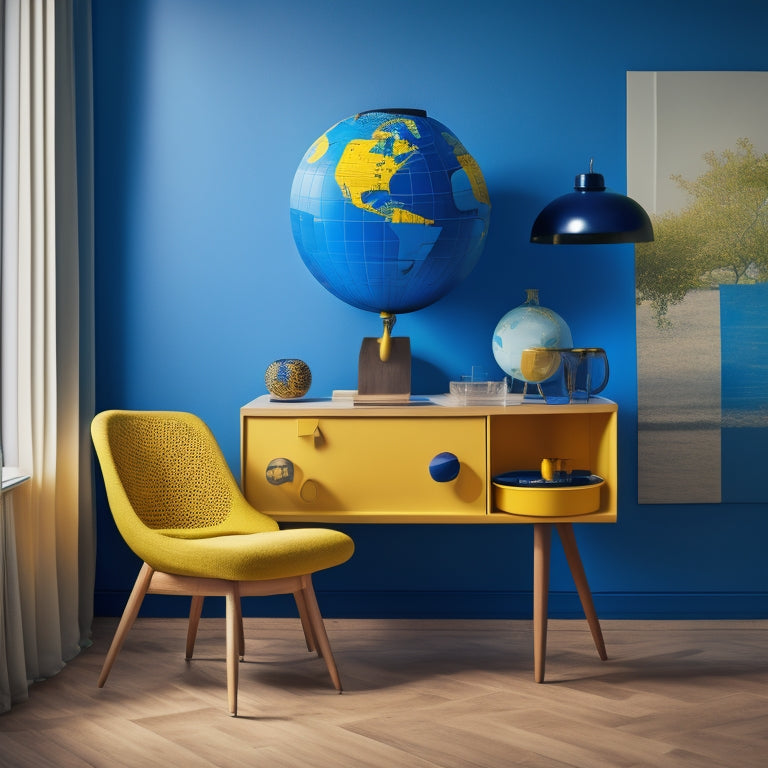 A stylized globe with IKEA's iconic blue and yellow color scheme, surrounded by minimalist furniture silhouettes, with subtle Scandinavian-inspired patterns and textures in the background.