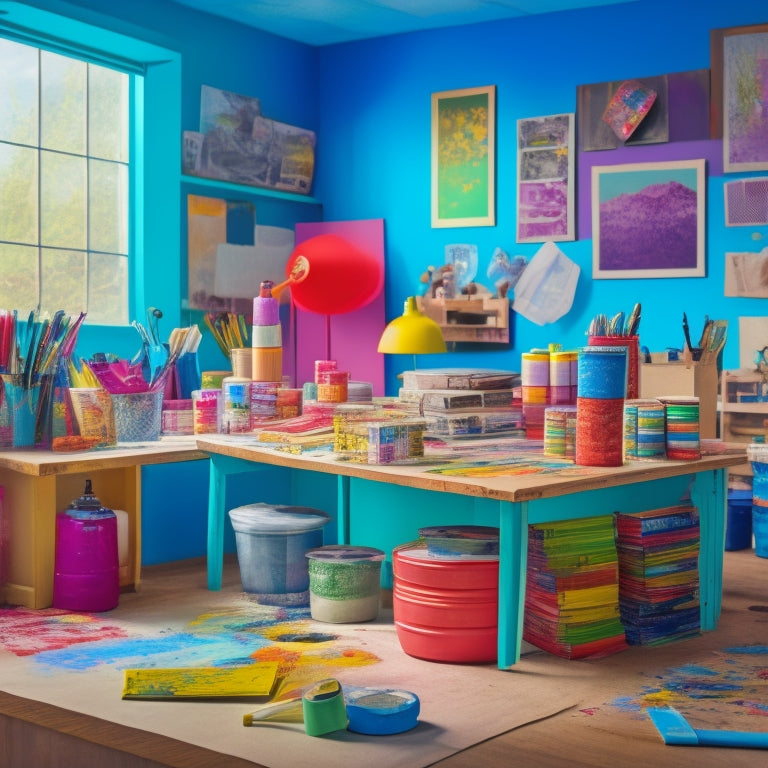 A colorful illustration of a bright, organized art studio with paint-splattered easels, tidy rolls of artistic paper, and a few scattered brushes, surrounded by stacks of cash and rebate checks.