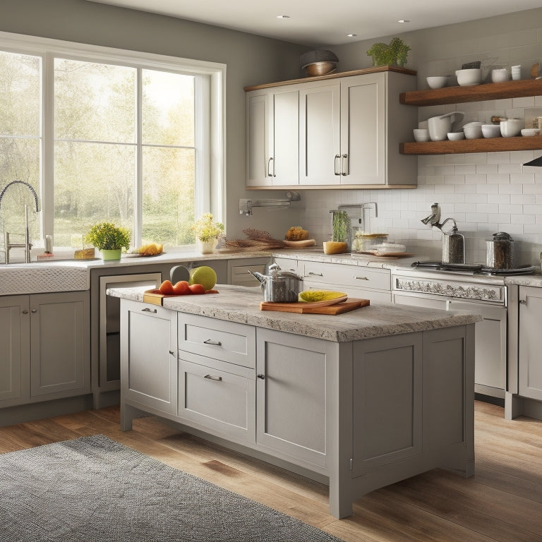 A tidy, L-shaped kitchen countertop with a built-in cutting board, retractable knife block, and a carousel spice rack, surrounded by sleek, handle-less cabinets and a farmhouse sink.