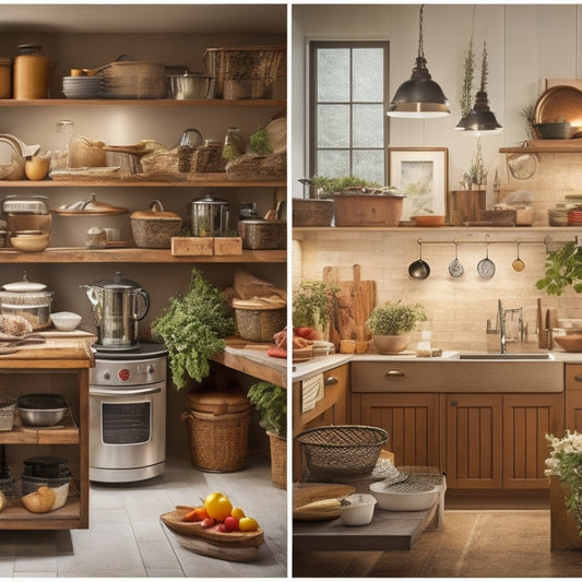 A warm, well-lit kitchen with open cabinets, showcasing a before-and-after transformation: cluttered shelves with stacked dishes and food items on the left, and organized, labeled containers and utensils on the right.