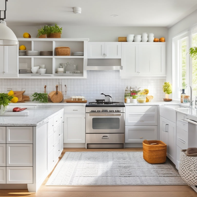 A bright, modern kitchen with sleek white cabinets, stainless steel appliances, and a large island, featuring pull-out shelves, baskets, and a pegboard with utensils, surrounded by natural light and minimal decor.