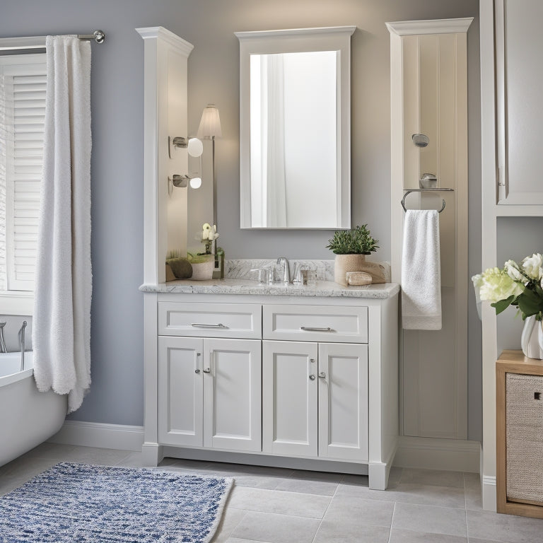 A serene, well-lit bathroom with a double sink vanity, featuring a wall-mounted cabinet with mirrored doors, a woven storage basket, and a few, strategically-placed, rolled towels on a polished chrome towel rack.