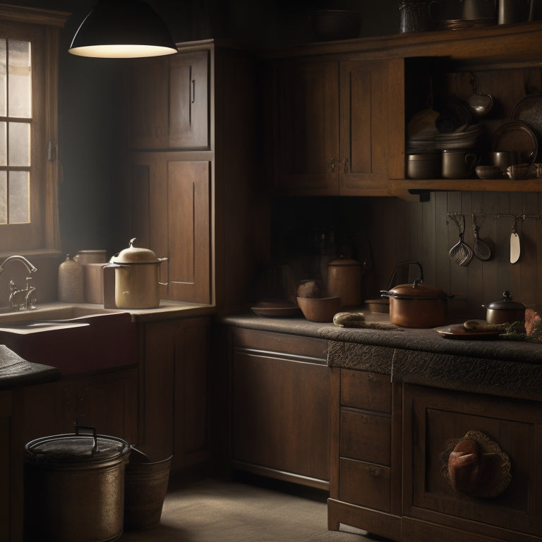 A dimly lit kitchen with upper cabinets, their doors slightly ajar, revealing dusty, cobweb-covered items and mysterious shadows, with a few forgotten utensils and containers peeking out.