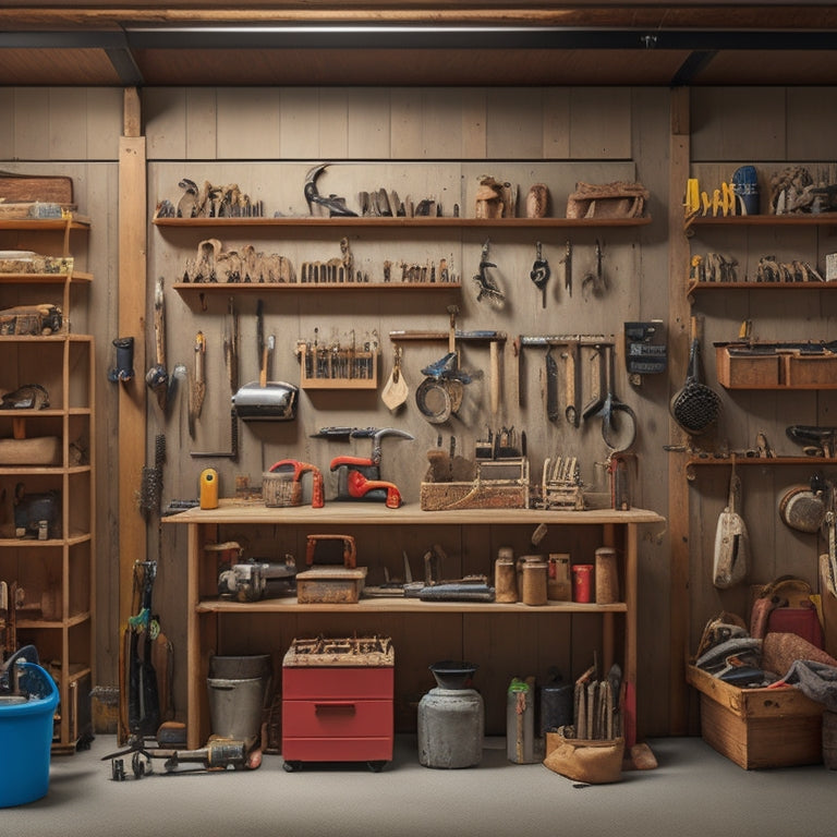 A tidy garage or workshop with a wall-mounted clamp rack holding various clamps of different sizes, surrounded by organized tools and a few woodworking projects in progress.