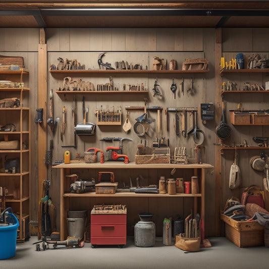 A tidy garage or workshop with a wall-mounted clamp rack holding various clamps of different sizes, surrounded by organized tools and a few woodworking projects in progress.