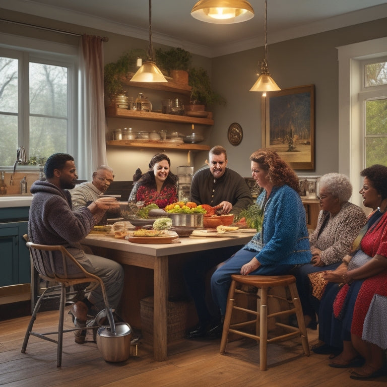 A warmly lit kitchen with lowered countertops, a wheelchair-accessible sink, and a cooktop with tactile knobs, surrounded by a mix of seated and standing individuals of diverse ages and abilities.