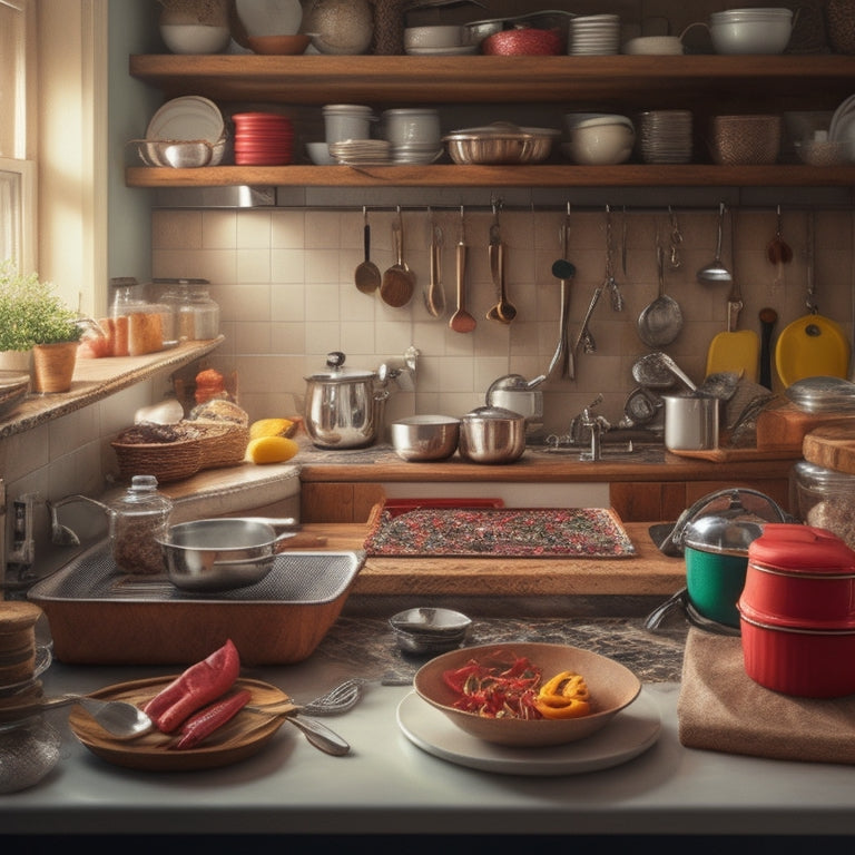 A cluttered kitchen scene with stacks of dirty dishes, overflowing countertops, and a messy island, contrasted with a single, tidy drawer or cabinet in the background, with a few organized utensils and a hint of natural light.