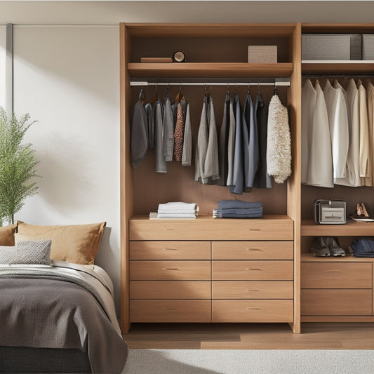 A modern, sleek bedroom with a wall-mounted, sliding panel organizer in a warm wood tone, revealing a tidy, compartmentalized storage space with neatly stacked clothing and accessories.