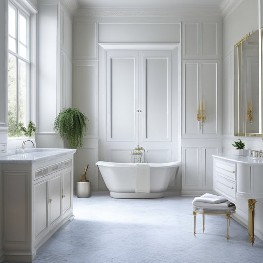 A serene, minimalist bathroom with a freestanding tub, surrounded by a spacious, organized master zone featuring a floating vanity, open shelving, and a large, ornate mirror.