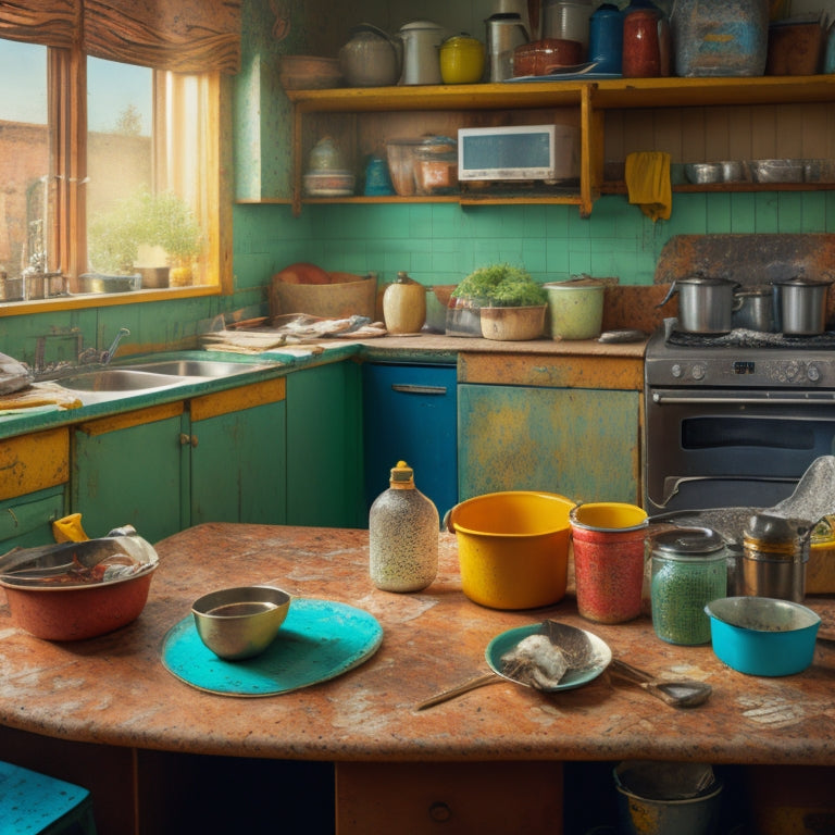 A messy kitchen with countertops cluttered with dirty dishes, utensils, and appliances, surrounded by trash and recycling bins overflowing with garbage, amidst a backdrop of worn, yellowed tiles and peeling wallpaper.