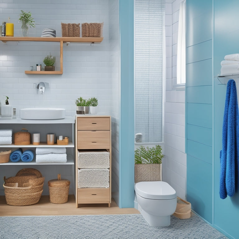 A bright, modern bathroom with a mix of open and closed storage solutions from IKEA, including a wall-mounted cabinet, woven baskets, and a freestanding shelving unit.