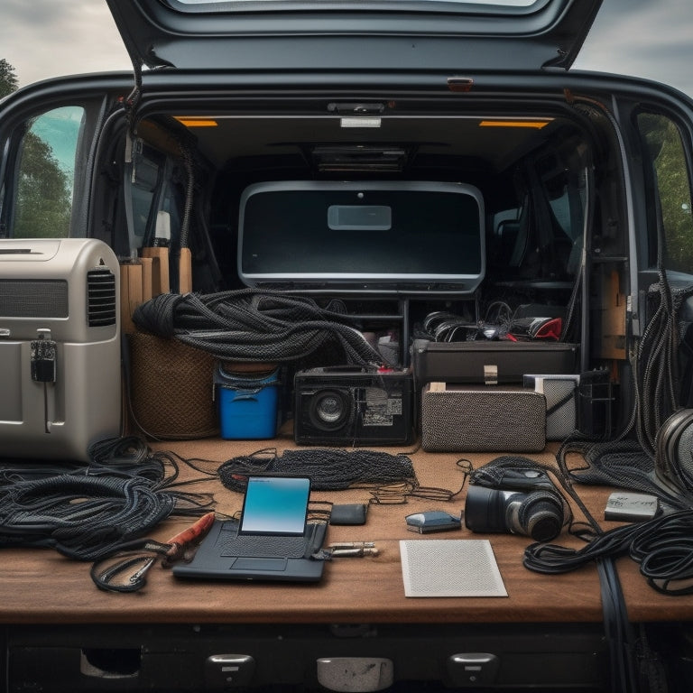 A sprawling, organized mess of a workstation in the back of a van, with gadgets, cables, and tools tangled around a central hub of laptops, tablets, and portable Wi-Fi hotspots.