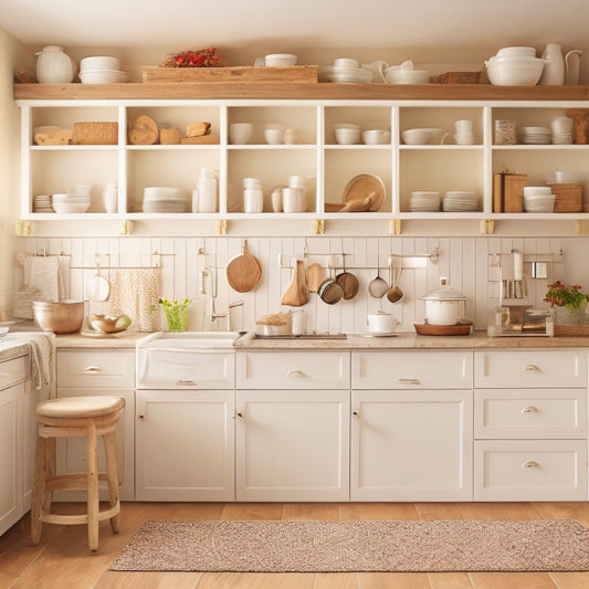 A tidy, L-shaped kitchen with cream-colored cabinets, soft overhead lighting, and a few strategically placed decorative accessories, showcasing a mix of pull-out drawers, hanging utensil organizers, and a pegboard.