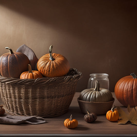 A warm and inviting fall-themed still life featuring a wicker basket, a small pumpkin, and a few autumnal leaves surrounding a neatly organized desk with a few essential office supplies, all in muted earth tones.