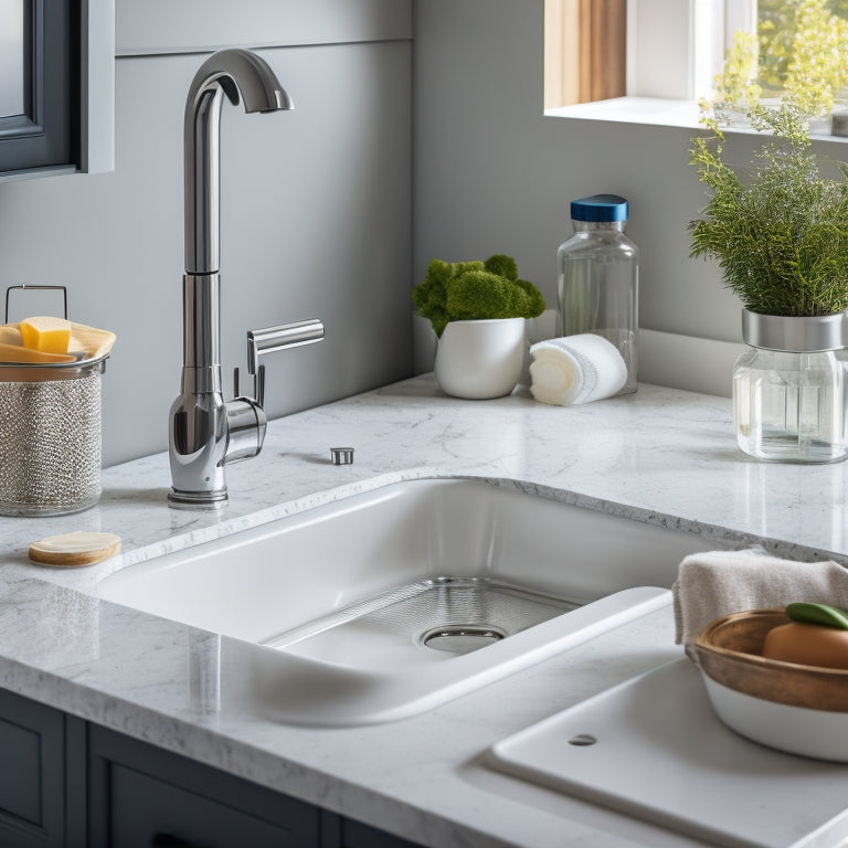 A tidy, modern kitchen sink area with a sleek, slide-out drawer containing neatly organized cleaning supplies, a soap dispenser, and a sponge holder, amidst a subtle marble backsplash.