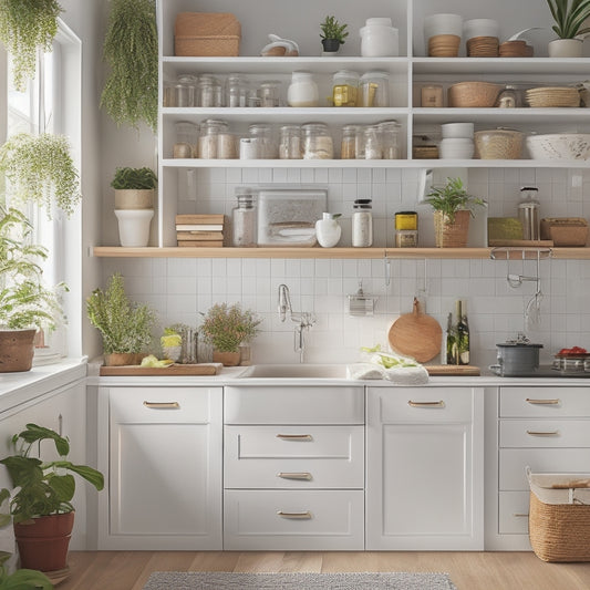 A tidy kitchen with white cabinets, featuring a pegboard with hanging utensils, a pull-out spice rack, and a slide-out trash can, surrounded by warm lighting and a few potted plants.