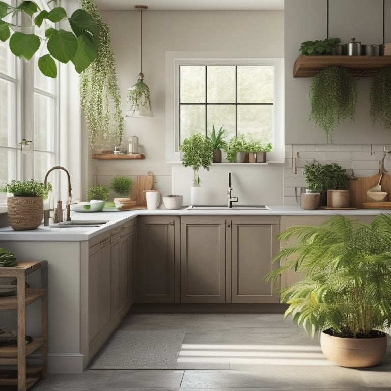 A serene kitchen scene: soft, warm lighting; minimalist decor; a few, carefully placed potted plants; and a calm, uncluttered workspace surrounded by creamy white cabinets and rich, dark wood accents.