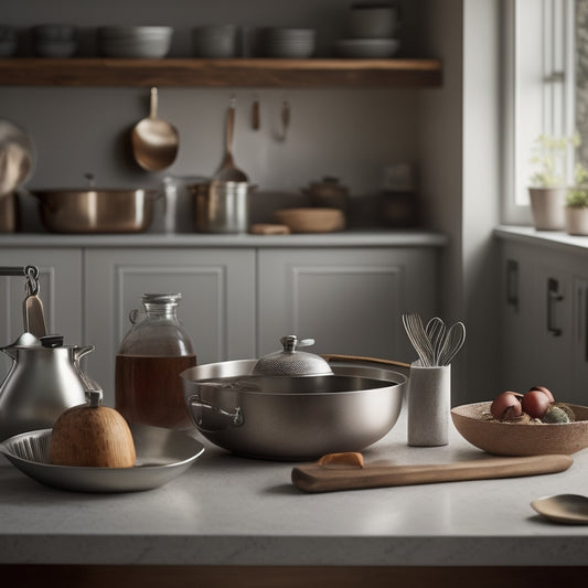 A serene kitchen countertop with a few, carefully selected, polished utensils arranged in a harmonious composition, surrounded by empty space, with a subtle warm light and soft shadows.