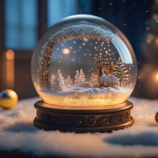 A whimsical snow globe with a miniature, glowing circuit board at its center, surrounded by twinkling snowflakes, shimmering glitter, and delicate, sparkling fairy lights.