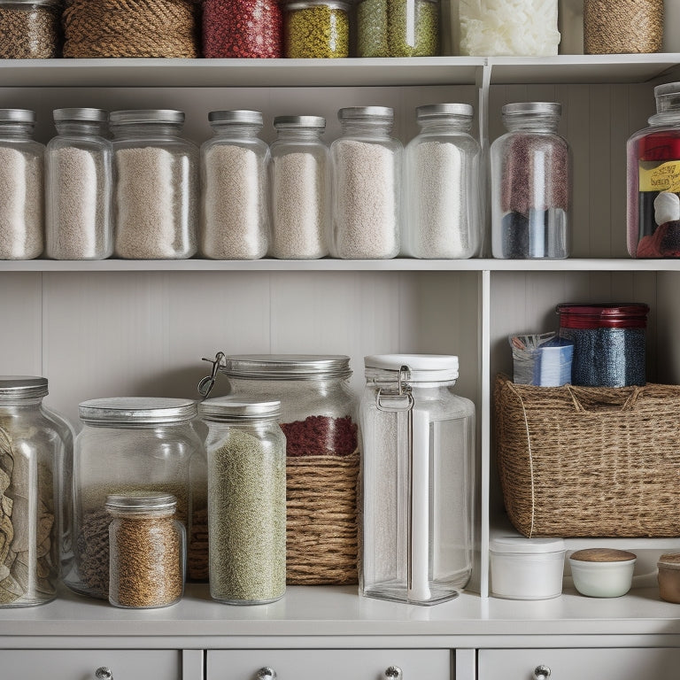 A cluttered pantry shelf with tangled ribbons, spilled jars, and jumbled containers, contrasted with a serene adjacent shelf featuring neatly coiled ribbons, labeled jars, and organized storage bins.