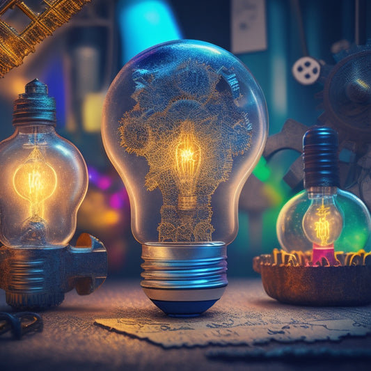A vibrant illustration of a stylized lightbulb surrounded by intricate gears, cogs, and puzzle pieces, with a subtle background of chalkboard textures and faint equations.