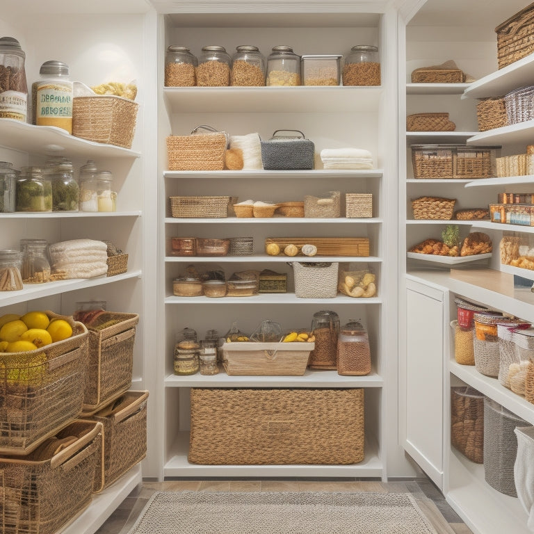 A well-organized pantry with adjustable shelves, baskets, and bins in a modern kitchen, featuring a mix of open and closed storage, with various food items and cookbooks on display.