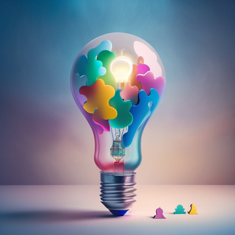 A stylized, minimalist illustration of a lightbulb moment, featuring a glowing bulb surrounded by swirling clouds of colorful puzzle pieces that fit together to form a subtle business plan outline.