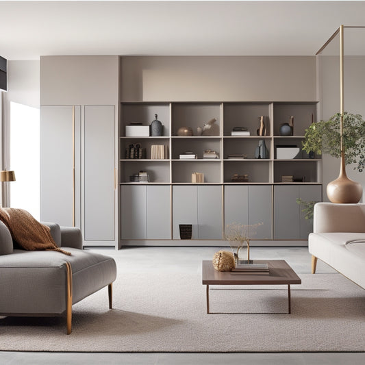 A serene, well-organized living room with a minimalist aesthetic, featuring a sleek, wall-mounted shelving system, a storage ottoman, and a floor-to-ceiling sliding closet with mirrored doors.