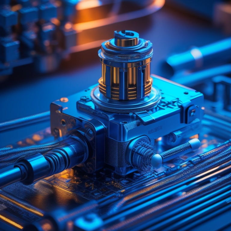 A futuristic, metallic valve guide with glowing blue accents, surrounded by intricate mechanical components, wires, and microchips, set against a dark, gradient blue background with subtle circuitry patterns.