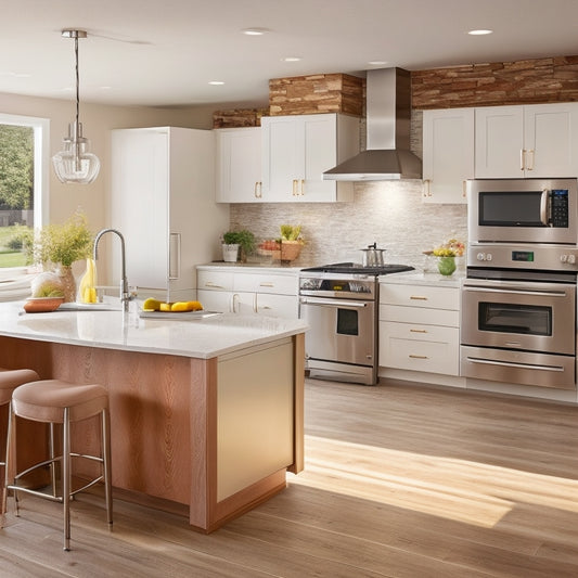 A bright, modern kitchen with a wheelchair-accessible island, roll-under sink, and lowered countertops, featuring a mix of warm wood tones and sleek stainless steel appliances.