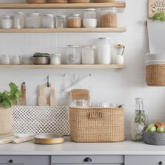 A bright, organized kitchen with affordable storage solutions: woven baskets, repurposed mason jars, and a wooden pegboard with hanging utensils, set against a calming white and gray background.