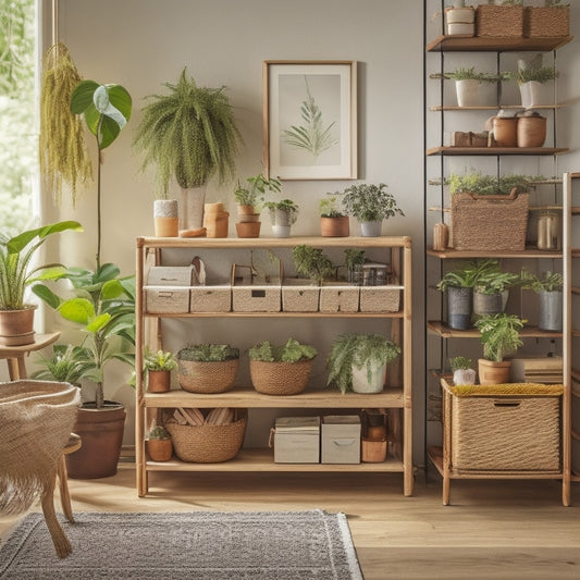 A clutter-free room with a wooden desk, a few potted plants, and a DIY shelving unit made from reclaimed wood, with a few decorative baskets and woven storage bins.