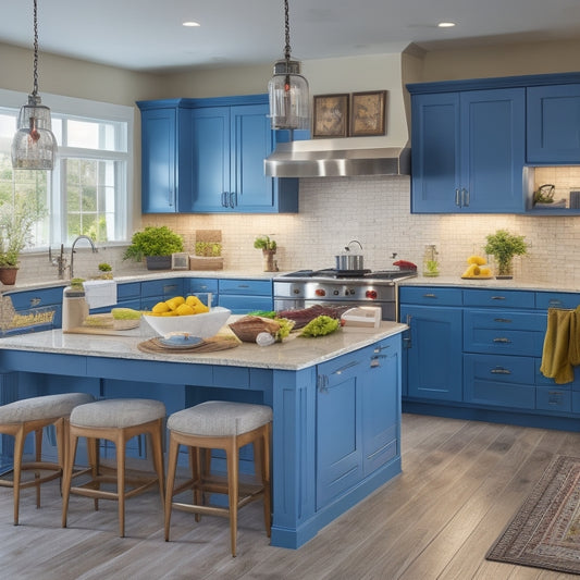 A bright, modern kitchen with separate cooking stations, labeled bins for ingredient storage, and a large center island with built-in allergy alerts and a dedicated "free-from" zone.