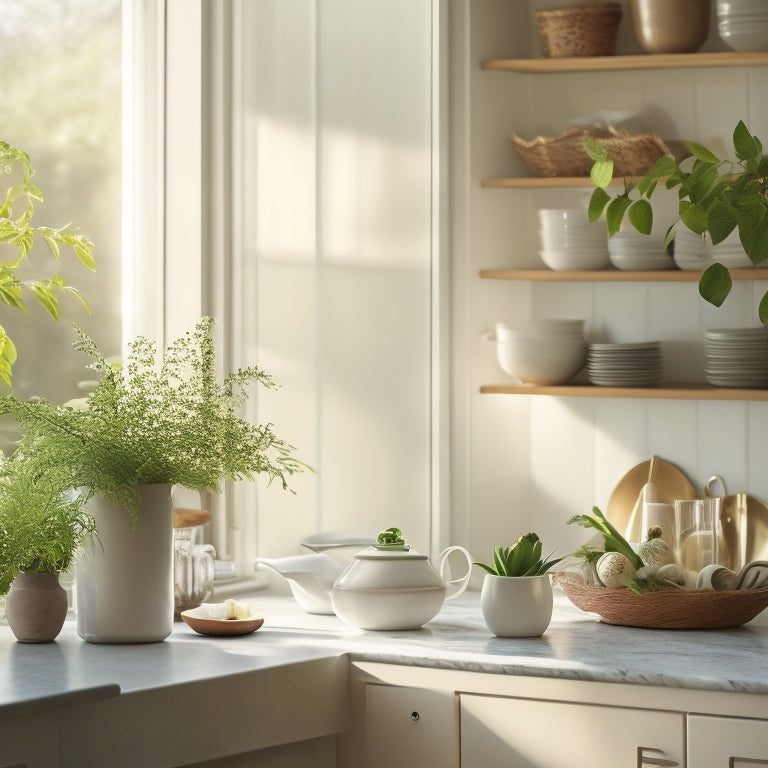 A serene kitchen scene: a few, carefully placed, white ceramic dishes on open shelving, a small, lush green plant on a minimalist counter, and a warm, golden light streaming through a window.