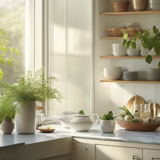 A serene kitchen scene: a few, carefully placed, white ceramic dishes on open shelving, a small, lush green plant on a minimalist counter, and a warm, golden light streaming through a window.