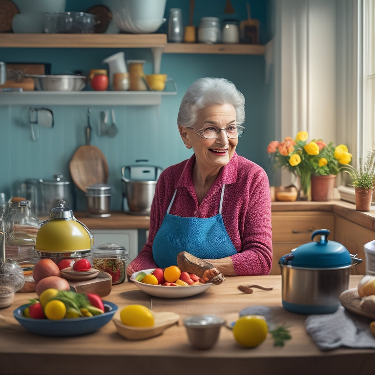 A warm, well-lit kitchen with a senior adult (60s-70s) with grey hair and a gentle smile, surrounded by various colorful kitchen utensils, gadgets, and ingredients, with a subtle wooden background.