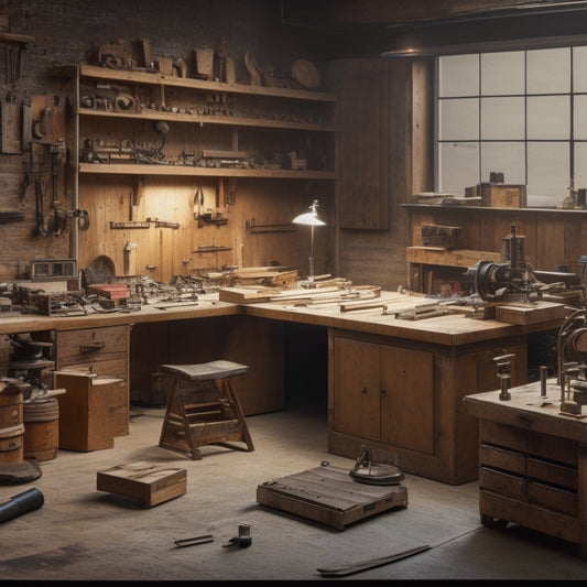 A cluttered workshop background with a CNC machine in the center, surrounded by various wooden boards and tools, with a partially assembled custom wasteboard on the machine's table.