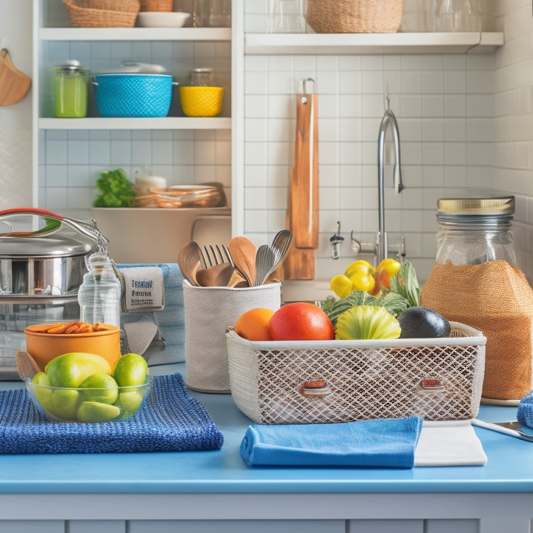 A bright, modern kitchen with a clean countertop, a utensil organizer, and a few strategically placed baskets, surrounded by a few choice ingredients and a notebook with a pencil lying open.