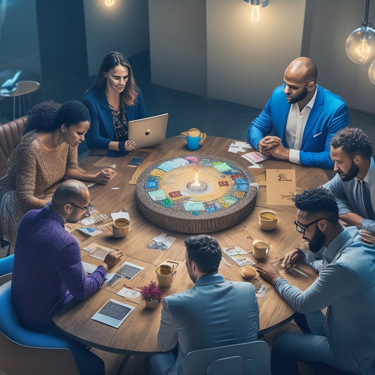 An illustration of diverse professionals gathered around a large, circular table, surrounded by sticky notes, laptops, and cups of coffee, with interconnected puzzle pieces and glowing light bulbs above their heads.