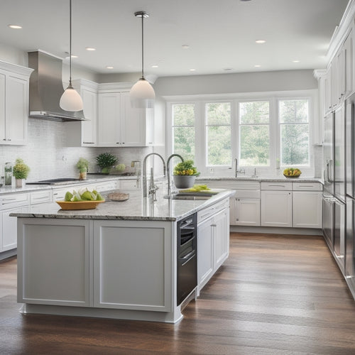 A modern U-shaped kitchen with sleek, white cabinets, stainless steel appliances, and a large, quartz-topped island in the center, surrounded by a warm, hardwood floor and large windows.