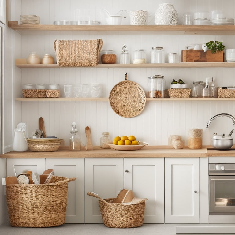 An organized kitchen corner with a built-in carousel, baskets, and shelves in a light wood tone, surrounded by white walls and countertops, with a few kitchen utensils and decorative items.