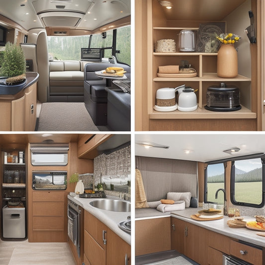 A sleek, modern RV interior with retractable shelves, hidden compartments, and a rotating storage tower, showcasing organized camping gear, kitchen utensils, and personal items in a clutter-free space.