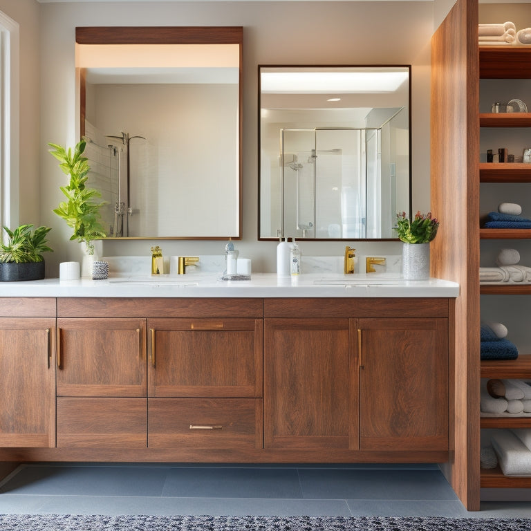 A luxurious, modern bathroom with a sleek, wall-mounted vanity featuring a combination of open shelves, drawers, and cabinets in a rich, dark wood tone, surrounded by crisp, white countertops and flooring.